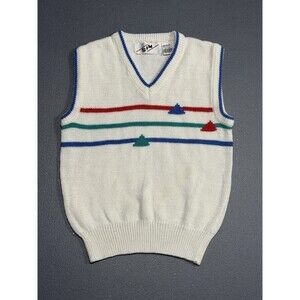 Vtg 80s SIM Knit Sweater Vest Youth M 10 12 Retro Geometric Triangles Ramie Golf